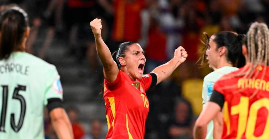 Spain’s forward #16 Cristina Martin-Prieto (C) celebrates after she scored her team’s fifth goal during the UEFA Women’s Euro 2025 Group B football match between Spain and Portugal at the Wankdorf stadium in Bern, on July 3, 2025 - AFP