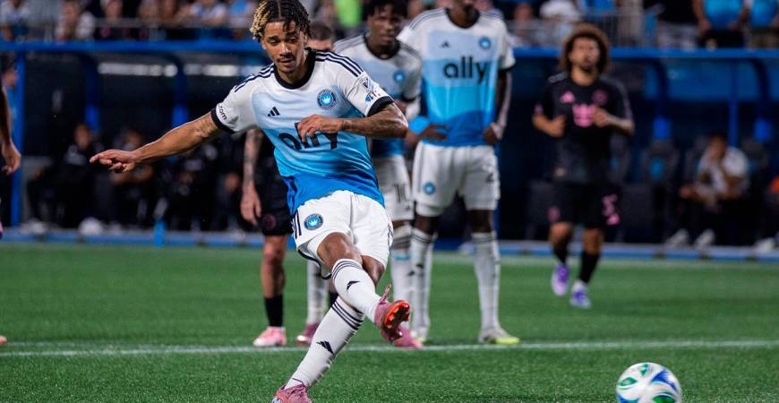 Charlotte, North Carolina, USA; Charlotte FC forward Idan Toklomati (17) takes a penalty kick during the second half against the Inter Miami at Bank of America Stadium. - Scott Kinser-Imagn Images