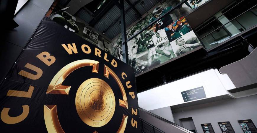 A FIFA Club World Cup sign is pictured inside the Lincoln Financial Field stadium in Philadelphia on June 13, 2025, ahead of the FIFA Club World Cup. AFPpix