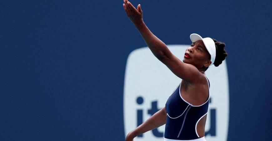 Venus Williams (USA) serves against Diana Shnaider (not pictured) on day two of the Miami Open at Hard Rock Stadium. Photo Credit: Geoff Burke-USA TODAY Sports/File Photo- REUTERS
