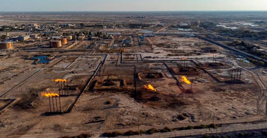 A picture taken on April 4, 2023 shows the Nahr Bin Omar oil field and facility near Iraq's southern port city of Basra. Major oil powers led by Saudi Arabia announced a surprise production cut of more than one million barrels per day on April 2, calling it a precautionary move aimed at stabilising the market. - Hussein FALEH / AFP