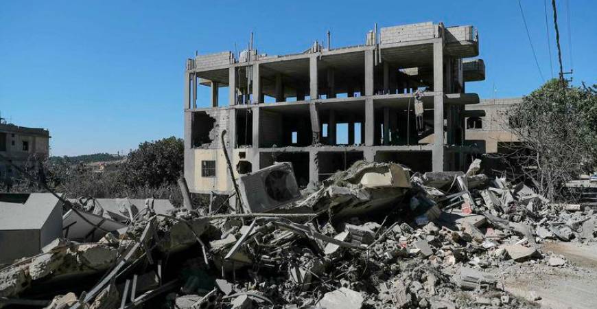 The rubble of a destroyed building is piled up in the aftermath of Israeli airstrikes that targeted Al-Asira in the vicinity of the eastern Lebanese city of Baalbeck - REUTERSpix