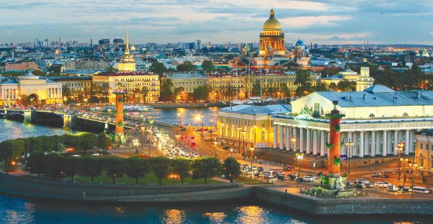 The city of St. Petersburg overlooks the Neva river, and is rich in history and culture with its many palaces and churches.