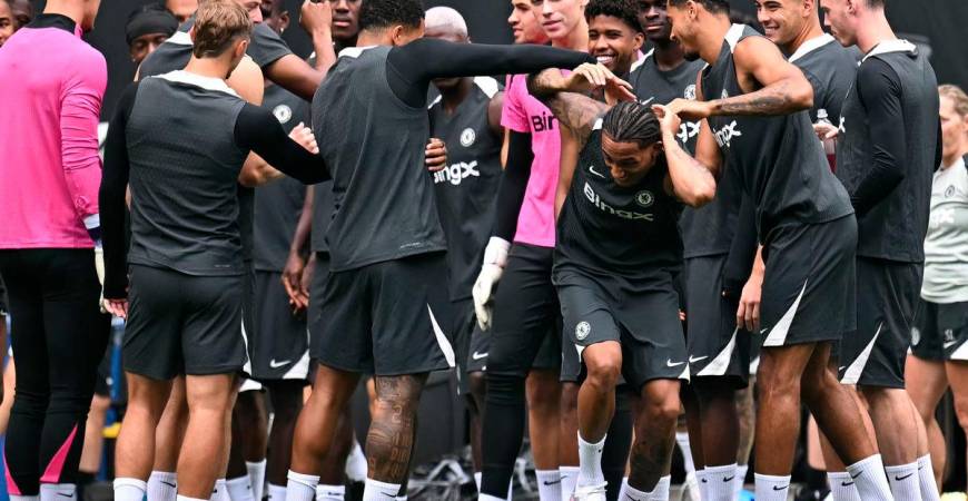 Chelsea’s Brazilian forward #20 Joao Pedro (C) laughs during a training session at the Harrison Stadium in East Rutherford, New Jersey - AFPPix