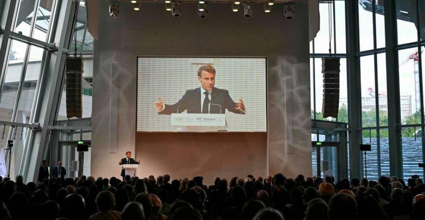 French President Emmanuel Macron (Rear L) delivers a speech during the opening ceremony of the 142nd Session of the International Olympic Committee (IOC), four days ahead of the opening ceremony of the Paris 2024 Olympics, at the Louis-Vuitton foundation in Paris - AFPpix