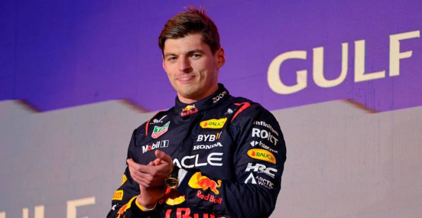 First placed Red Bull Racing’s Dutch driver Max Verstappen celebrates during the podium ceremony of the Bahrain Formula One Grand Prix at the Bahrain International Circuit in Sakhir on March 2, 2024/AFPPix