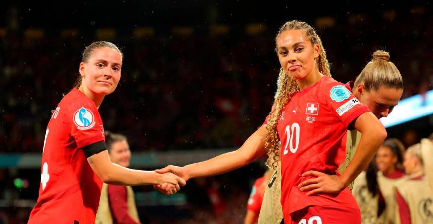 Switzerland’s Alayah Pilgrim celebrates scoring their second goal with Smilla Vallotto REUTERS