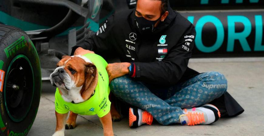 Mercedes’ Lewis Hamilton celebrates with his dog. Pool via Reuters