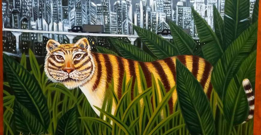 Wildlife on City Edge (acrylic on canvas) by Kishore.