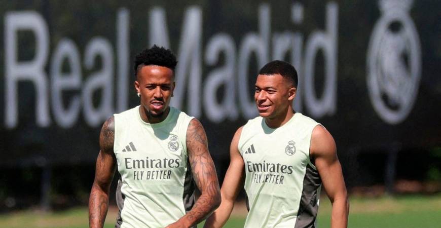 Real Madrid’s Eder Militao and Kylian Mbappe during training REUTERS/Hannah Mckay/File Photo