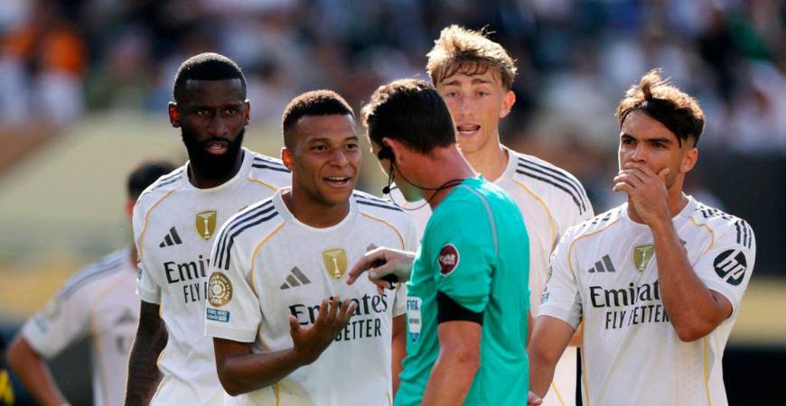 Real Madrid’s Kylian Mbappe reacts with referee Ramon Abatti-REUTERS