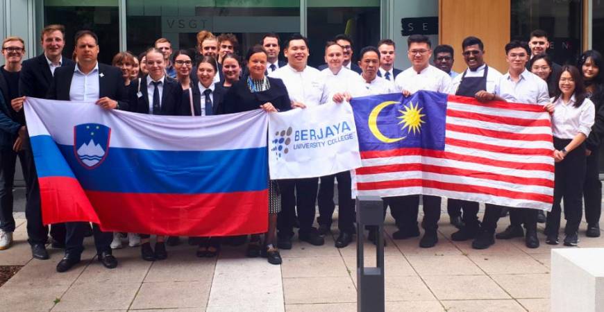 Capturing the spirit of cultural exchange! BERJAYA University College Staff and Students strike a proud pose alongside representatives from the Vocational College of Hospitality and Tourism Maribor in Slovenia.