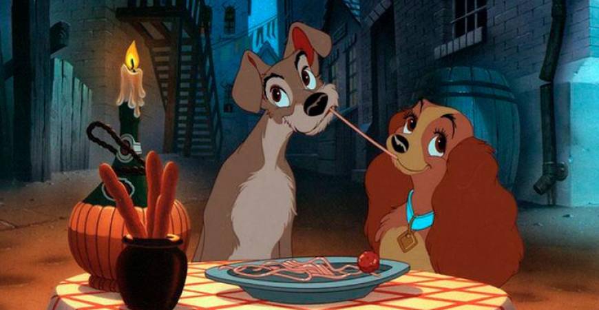 Tramp (left) and Lady sharing a romantic dinner, serenaded by the song Bella Notte. – PINTERESTPIC