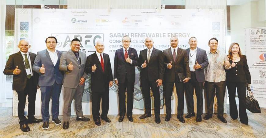 From left: MARC Ratings CEO Rajan Paramesran; Sabah Energy Corporation Sdn Bhd CEO Datuk Adzmir Abd Rahman; Jetama Sdn Bhd CEO Datuk Ahmad Naim Uddang; Qhazanah Sabah chairman Datuk Dr Yusof Yacob; Sabah Finance Minister Datuk Seri Panglima Masidi Manjun; Ahmad Rizal Dahli; Malaysian Rating Corporation group CEO Arshad Mohamed Ismail and chief commercial officer Badrul Hisham Zawawi; Maybank managing director responsible for clients within the federal and state government in group global banking Ahmad Faizal Ahmad Zazli; and community distribution regional director Amylin Blantocas Tiamson at the launch of the Sabah Renewable Energy Conference 2025 last week.