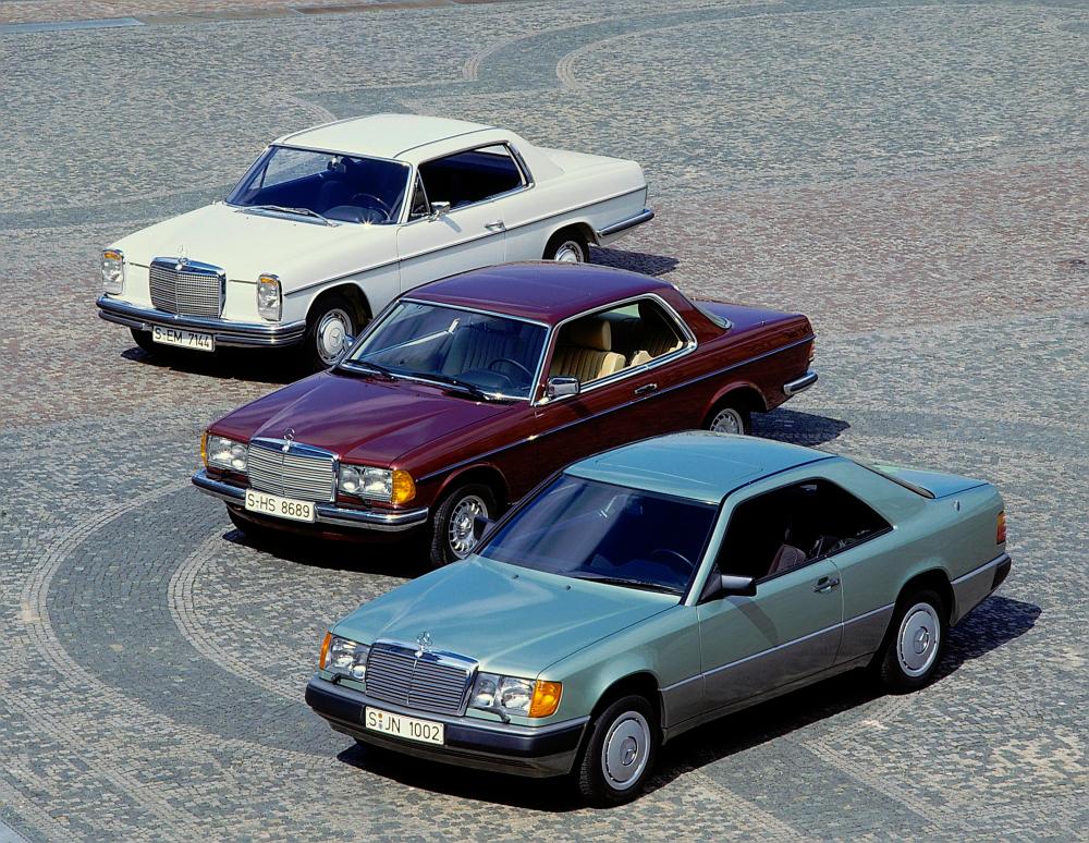 $!Success story: Mercedes-Benz coupes of the upper mid-range series. Left to right: ‘Stroke Eight’ coupe of the 114 model series, coupe of the 123 model series and coupe of the 124 model series (from the 1993 E-Class coupe). Photo from 1987.