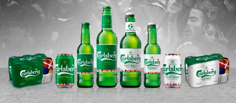 Carlsberg cans and bottles in football-themed packaging.