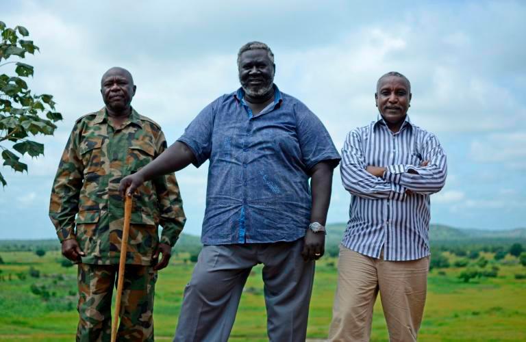 Leaders of the Sudan People’s Liberation Movement-North (SPLM-N) in 2012: only Abdelaziz al-Hilu (L) remains opposed to the government in Khartoum, with his old comrades Malik Agar (CENTRE) and Yassir Arman (R) having agreed a peace deal. — AFP