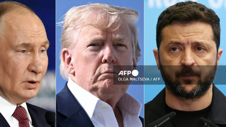 (COMBO) This combination of pictures created on August 06, 2025 shows, L/R, Russia's President Vladimir Putin in Saint Petersburg, Russia on June 20, 2025, US President Donald Trump at RAF Lossiemouth, Scotland on July 29, 2025 and Ukraine's President Volodymyr Zelensky in Strasbourg, France, on June 25, 2025. US President Donald Trump is open to meeting with Russian counterpart Vladimir Putin and Ukraine's Volodymyr Zelensky, the White House said on August 6, 2025. The meeting could take place as early as next week, The New York Times newspaper reported, citing unnamed sources. - AFP