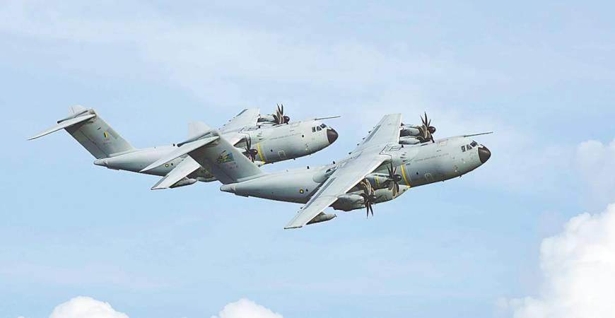 Royal Malaysian Air Force A400M participating in the aerial display at Lima 2025.