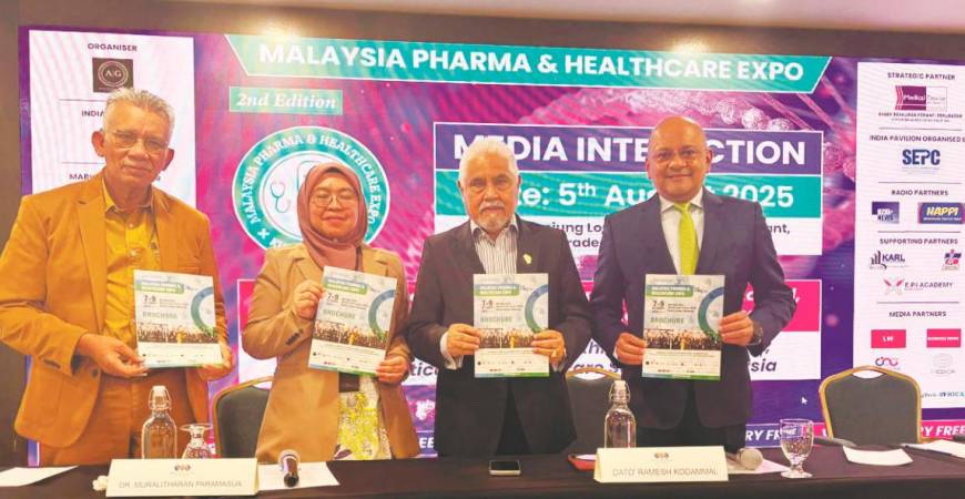 From left: Prof Datuk Seri Dr Abu Hassan Asaari Abdullah, Malaysian Medical Council; Norlela Hatta, Medical Device Authority, Ramesh and Surendran at the media briefing on the Second Malaysia Pharma and Healthcare Expo 2025.