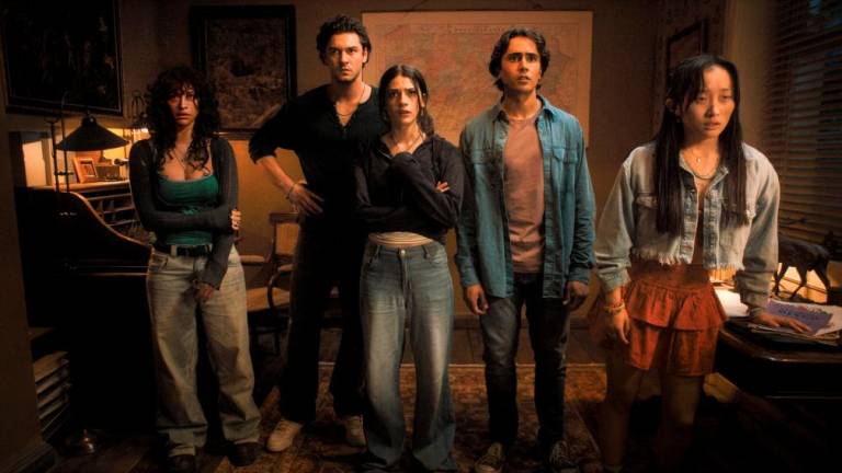 (From left) Nina (A’zion), Abe (Cameli), Clover (Rubin), Max (Cimino) and Megan (Yoo) huddle together as tension rises inside the eerie visitor center.