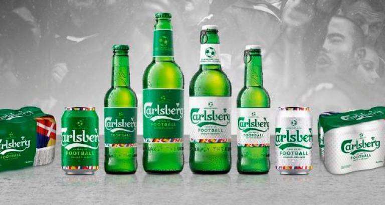 Carlsberg cans and bottles in football-themed packaging.