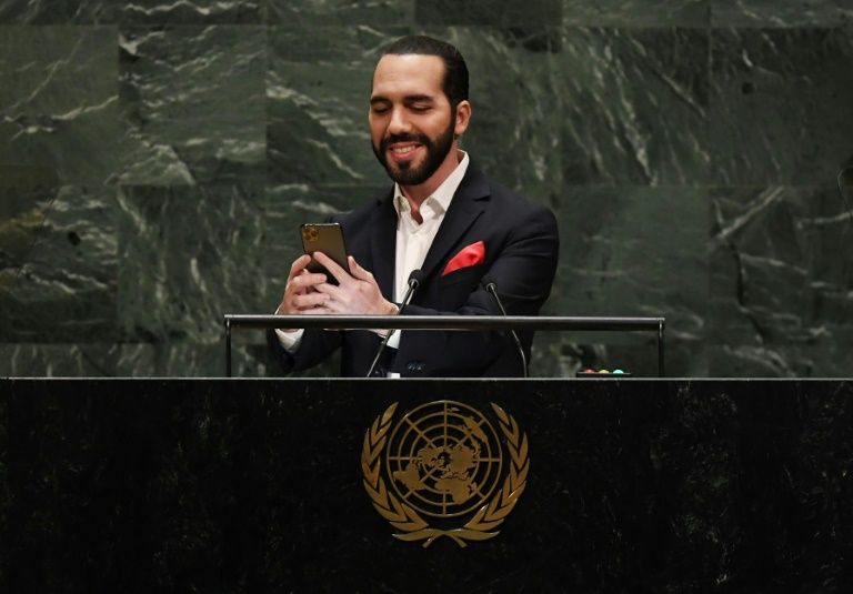 El Salvador’s President Nayib Bukele takes a selfie from the UN rostrum. — AFP