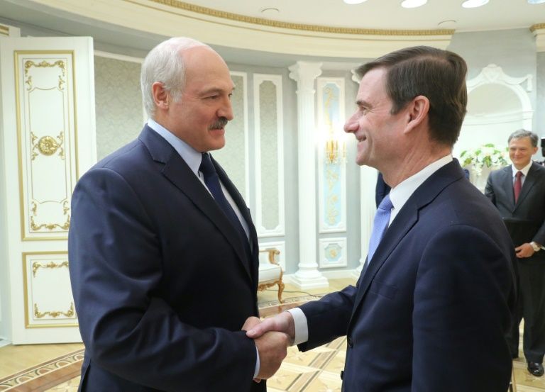 Belarusian President Alexander Lukashenko meets with US Undersecretary for Political Affairs David Hale in Minsk on September 17. — AFP