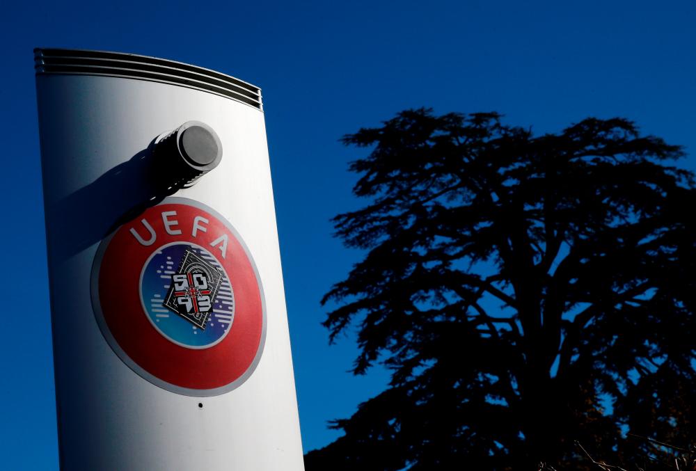 A logo is pictured outside the UEFA in Nyon, Switzerland, February 28, 2020. - Reuters