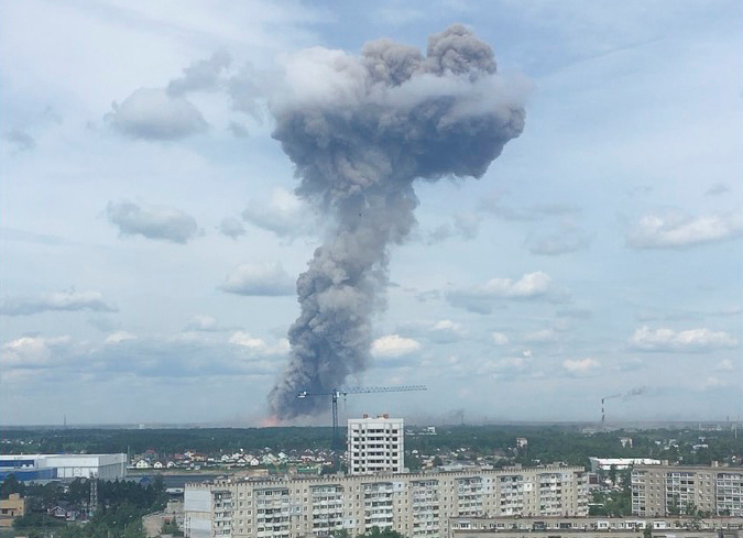 A still image, taken from a video footage, shows smoke rising from the site of blasts at an explosives plant in the town of Dzerzhinsk, Nizhny Novgorod Region, Russia June 1, 2019. - Reuters