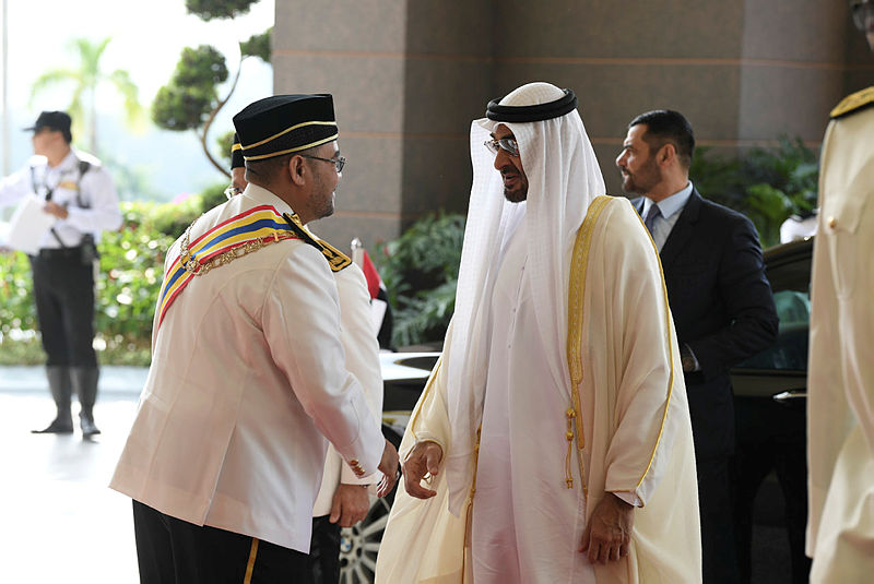 The Crown Prince of Abu Dhabi, Sheikh Mohamed Zayed Al-Nahyan (R) is greeted by Minister in charge of Islamic Affairs Datuk Mujahid Yusof Rawa at Istana Negara, on July 30, 2019. — Bernama