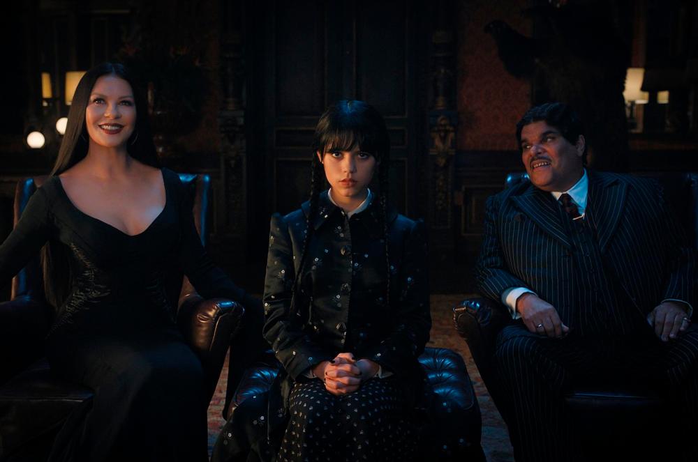 Catherine Zeta-Jones, Jenna Ortega and Luis Guzman in ‘Wednesday’. – Netflix