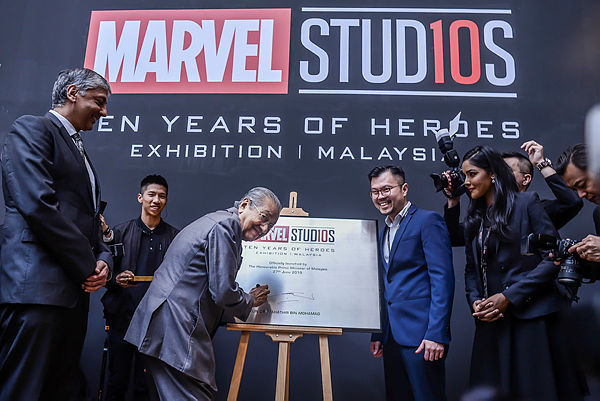 Prime Minister Tun Mahathir Mohamad inaugurated his opening of the Marvel Studios exhibition space yesterday in Pavillion shooping mall, Kuala Lumpur.