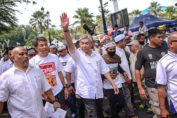 Umno president Datuk Seri Ahmad Zahid Hamidi as he marches towards Dataran Merdeka, earlier in the day.