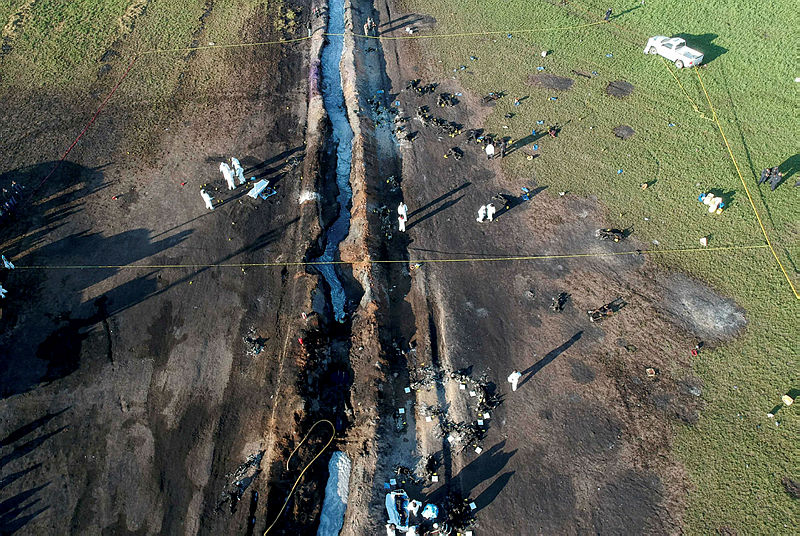 Aerial view of the scene where a massive blaze triggered by a leaky pipeline took place the night before in Tlahuelilpan, Hidalgo state, Mexico on Jan 19, 2019. — AFP