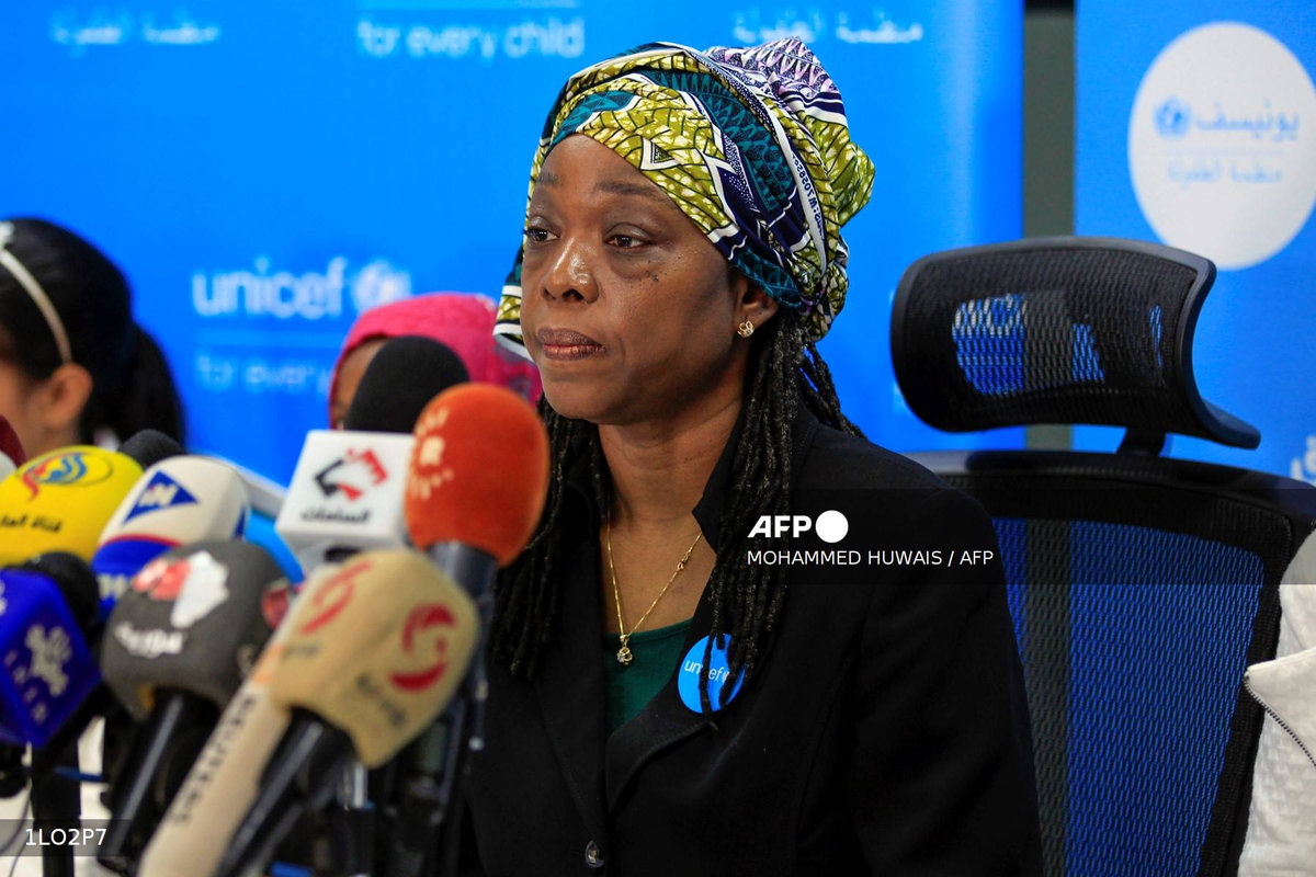 Sara Beysolow Nyanti, the United Nations Children’s Fund (UNICEF) Representative in Yemen, gives a press conference in the Yemeni capital Sanaa on October 23, 2019. - AFP