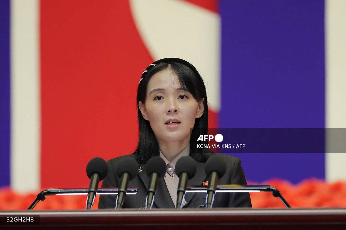 This picture taken on August 10, 2022 and released from North Korea's official Korean Central News Agency (KCNA) on August 14, 2022 shows Kim Yo Jong, the sister of North Korea's leader Kim Jong Un, speaking at the National Emergency Prevention General Meeting in Pyongyang. - AFP photo/KCNA via KNS