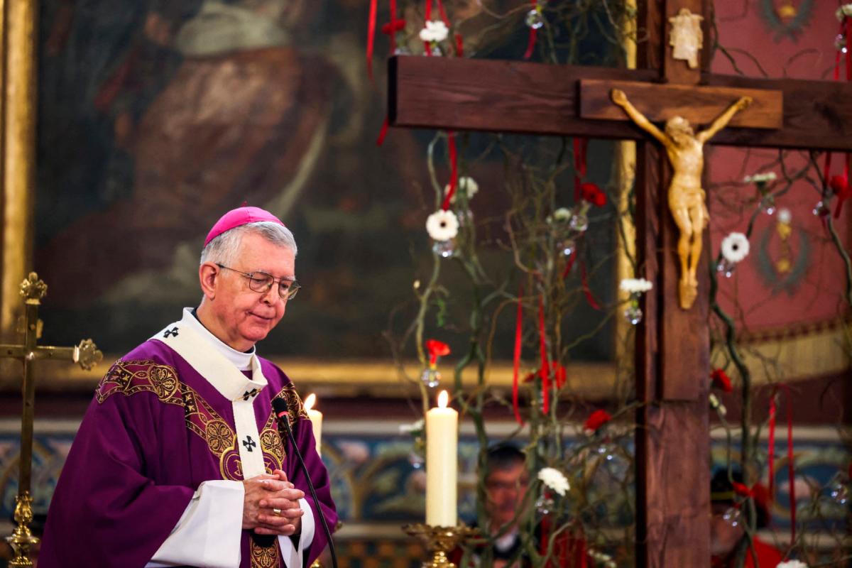 Archbishop of Toulouse, Monsignor Guy de Kerimel leads a mass at Notre Dame de l’Assomption church before the induction of Prince Albert II of Monaco into the Fronton Wine Brotherhood in Fronton, southwestern France on February 26, 2023. (Photo by Charly TRIBALLEAU / AFP)