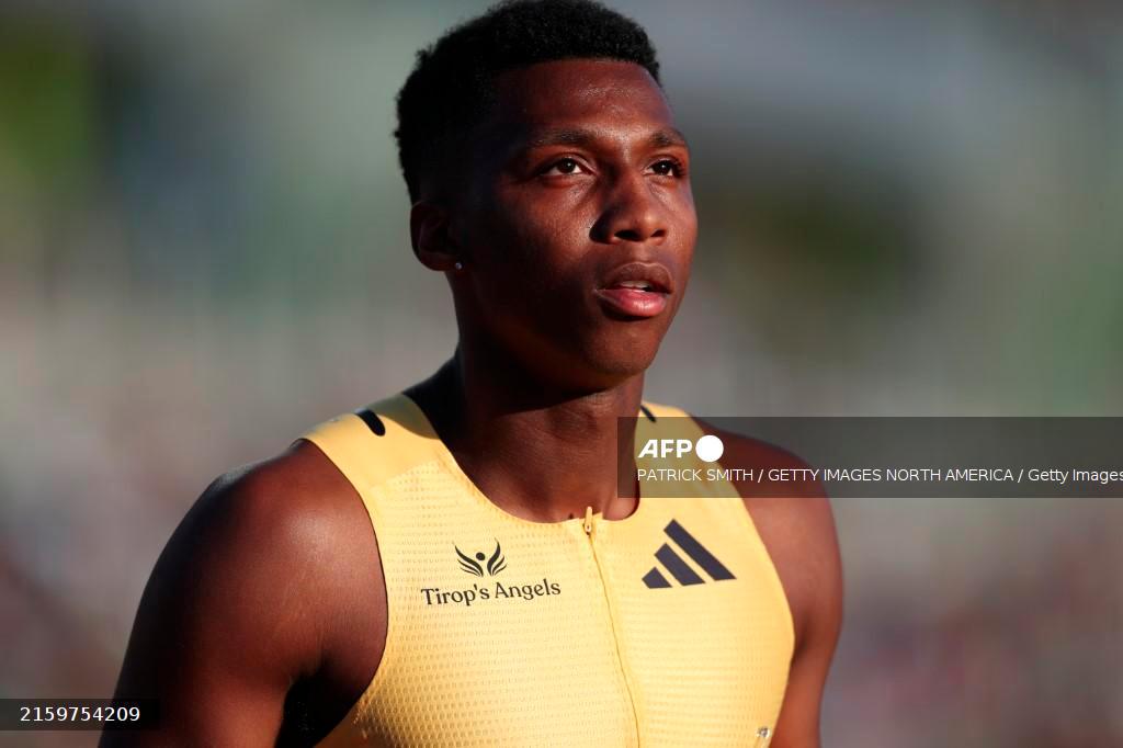 EUGENE, OREGON - JUNE 28: Erriyon Knighton reacts after competing in the men's 200 meter semi-final on Day Eight of the 2024 U.S. Olympic Team Track &amp; Field Trials at Hayward Field on June 28, 2024 in Eugene, Oregon. - Patrick Smith/Getty Images/AFPPIX