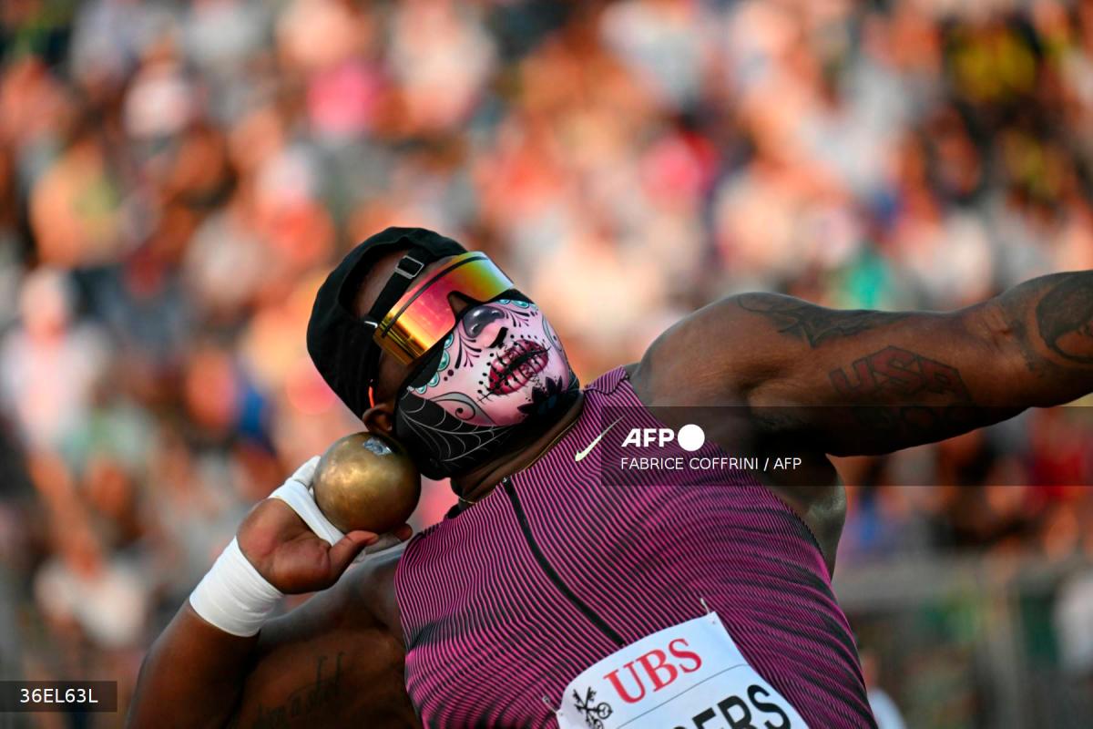 US' Raven Saunders competes in the women's shot put event at the Athletissima Diamond League athletics meeting in Lausanne on August 22, 2024. - AFPPIX