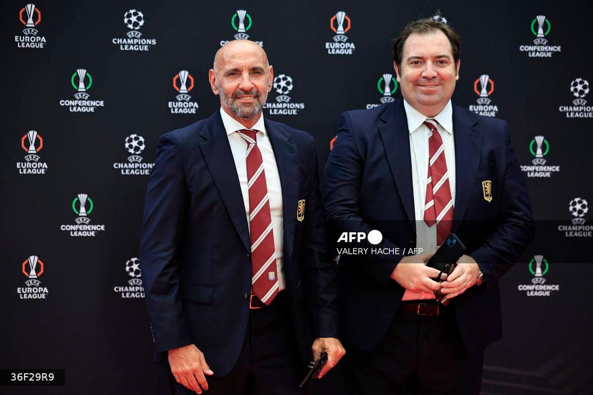 Aston Villa's President of football operations Ramon Rodriguez Verdejo Monchi (L) and Aston Villa's Director of Football Operations Damian Vidagany pose prior to the draw for the group stage of the 2024-2025 UEFA Champions League football tournament, at the Grimaldi Forum in Monaco on August 29, 2024. - AFP
