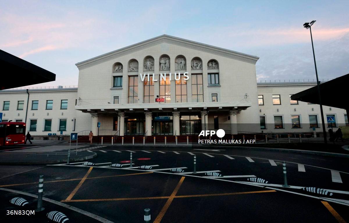 Picture taken on November 25, 2024 shows the entrance to the international airport in Vilnius, Lithuania. (Photo by Petras Malukas / AFP)