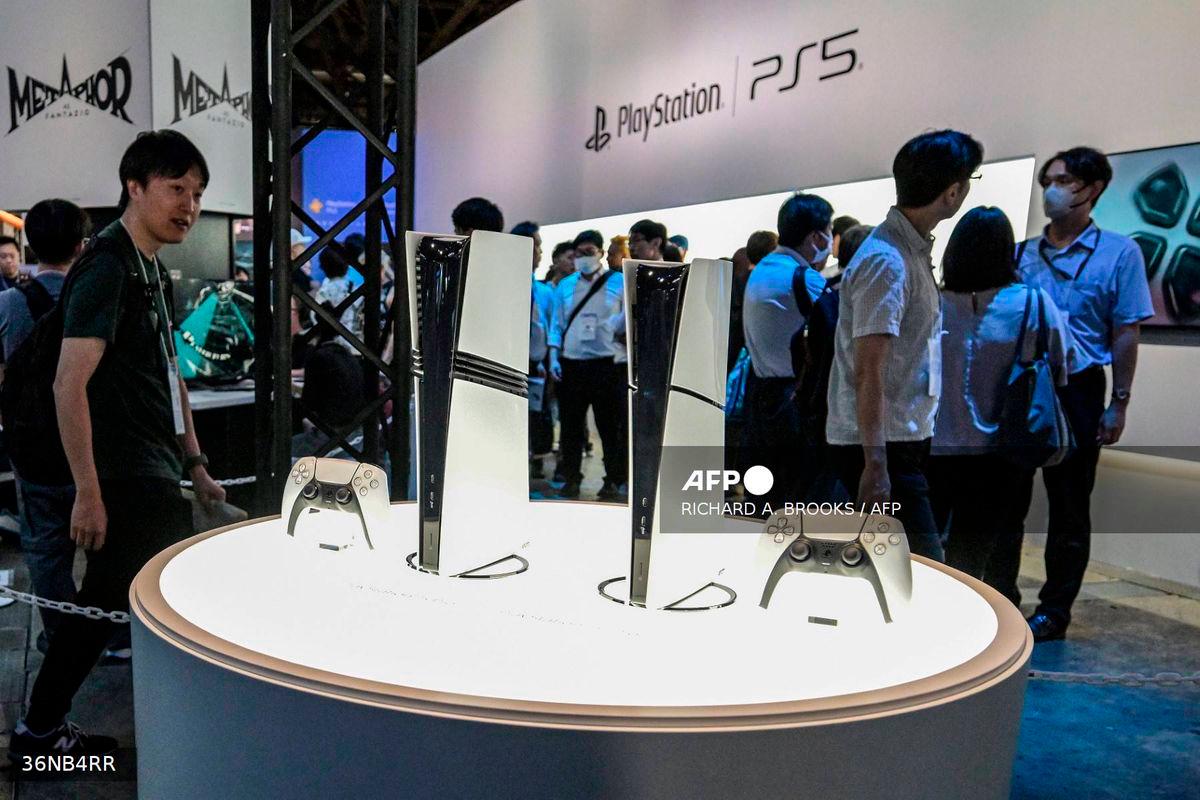 This photo taken on September 26, 2024 shows a display with the Sony PlayStation 5 during the preview day for the annual Tokyo Game Show at Makuhari Messe in the city of Chiba, Chiba Prefecture. - AFP