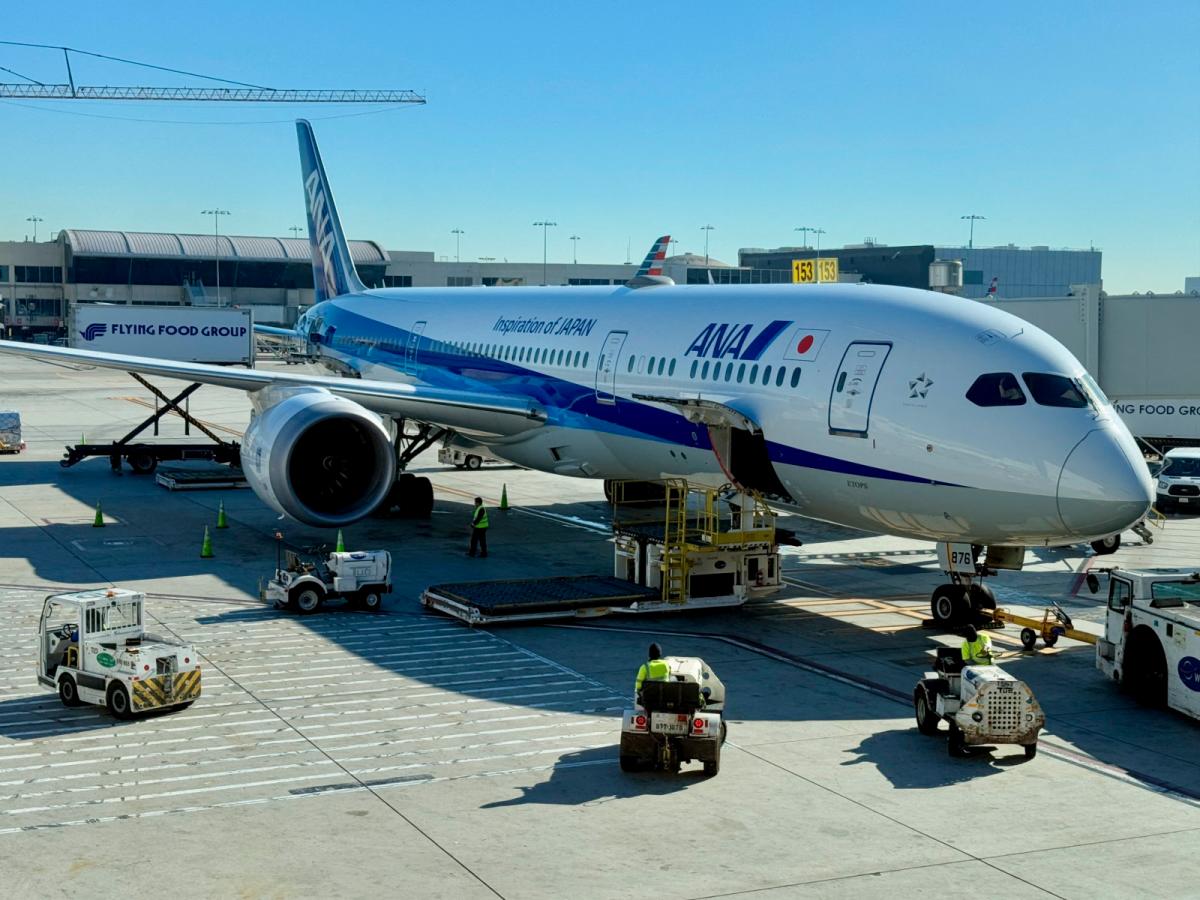 An ANA Airlines Boeing 777 sits at gate in Los Angeles International Airport (LAX), located in Southern California, on January 6, 2025. (Photo by Daniel SLIM / AFP)