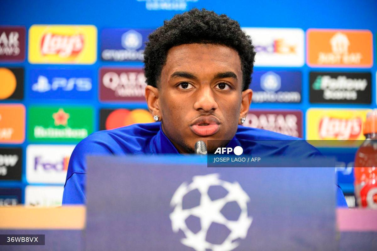 Barcelona's Spanish defender Alejandro Balde gives a press conference on the eve of the UEFA Champions League football match between FC Barcelona and Atalanta BC at the Joan Gamper training ground in Sant Joan Despi, near Barcelona, on January 28, 2025. - AFP