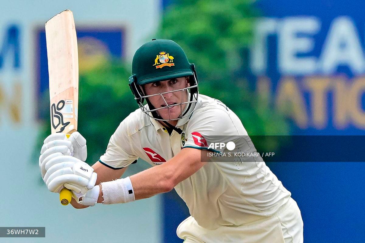 Australia’s Marnus Labuschagne plays a shot during the first day of the first Test cricket match between Sri Lanka and Australia at the Galle International Cricket Stadium in Galle on January 29, 2025. (Photo by Ishara S. KODIKARA / AFP)