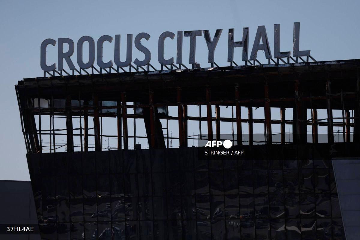A view shows the burnt-out Crocus City Hall concert venue in Krasnogorsk, outside Moscow, on March 22, 2025, one year after the terrorist attack. (Photo by STRINGER / AFP)
