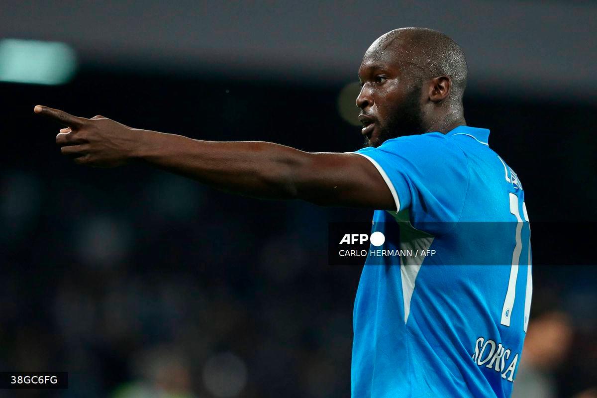 Napoli's Belgian forward #11 Romelu Lukaku celebrates after scoring a goal during the Italian Serie A football match between Napoli and AC Milan at the Stadio Diego Armando Maradona in Naples, on March 30, 2025. - AFP