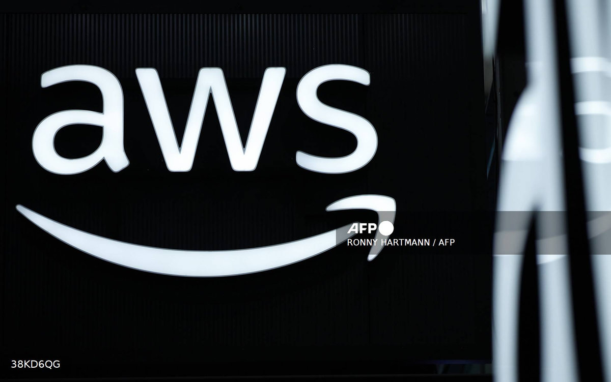 The logo of Amazon Web Services (AWS) is seen during the opening of the Hannover Messe industrial trade fair for mechanical and electrical engineering and digital industries, on March 31, 2025 in Hanover, northern Germany. - AFP