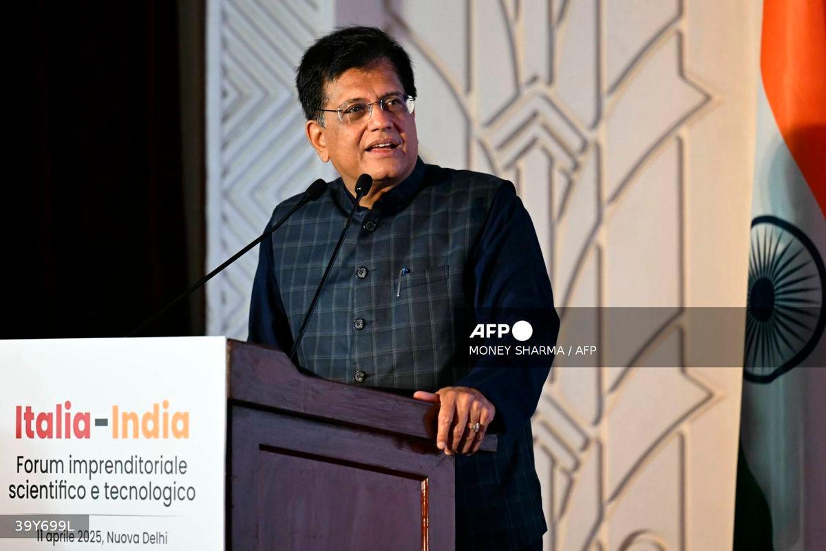 India’s Commerce and Industry Minister Piyush Goyal speaks during the Italy-India Business, Science and Technology Forum, in New Delhi on April 11, 2025. (Photo by Money SHARMA / AFP)